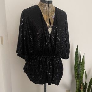 Mustard Seed Black Sequin Dolman Sleeve Party Evening Blouse Top Size Large